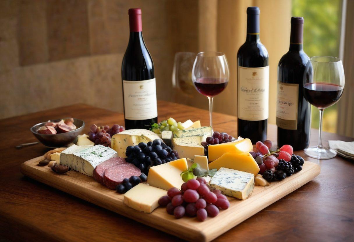 A beautifully arranged wooden table featuring various wine bottles, each distinctively labeled showcasing different types of wine, alongside elegant wine glasses filled with rich, deep colors. Surrounding the setup are gourmet cheese and charcuterie platters, fresh fruits, and herbs creating a vibrant atmosphere of indulgence. Soft natural lighting filters through, accentuating the textures and colors. An open notebook with notes on wine pairings rests nearby. super-realistic. vibrant colors. natural lighting.