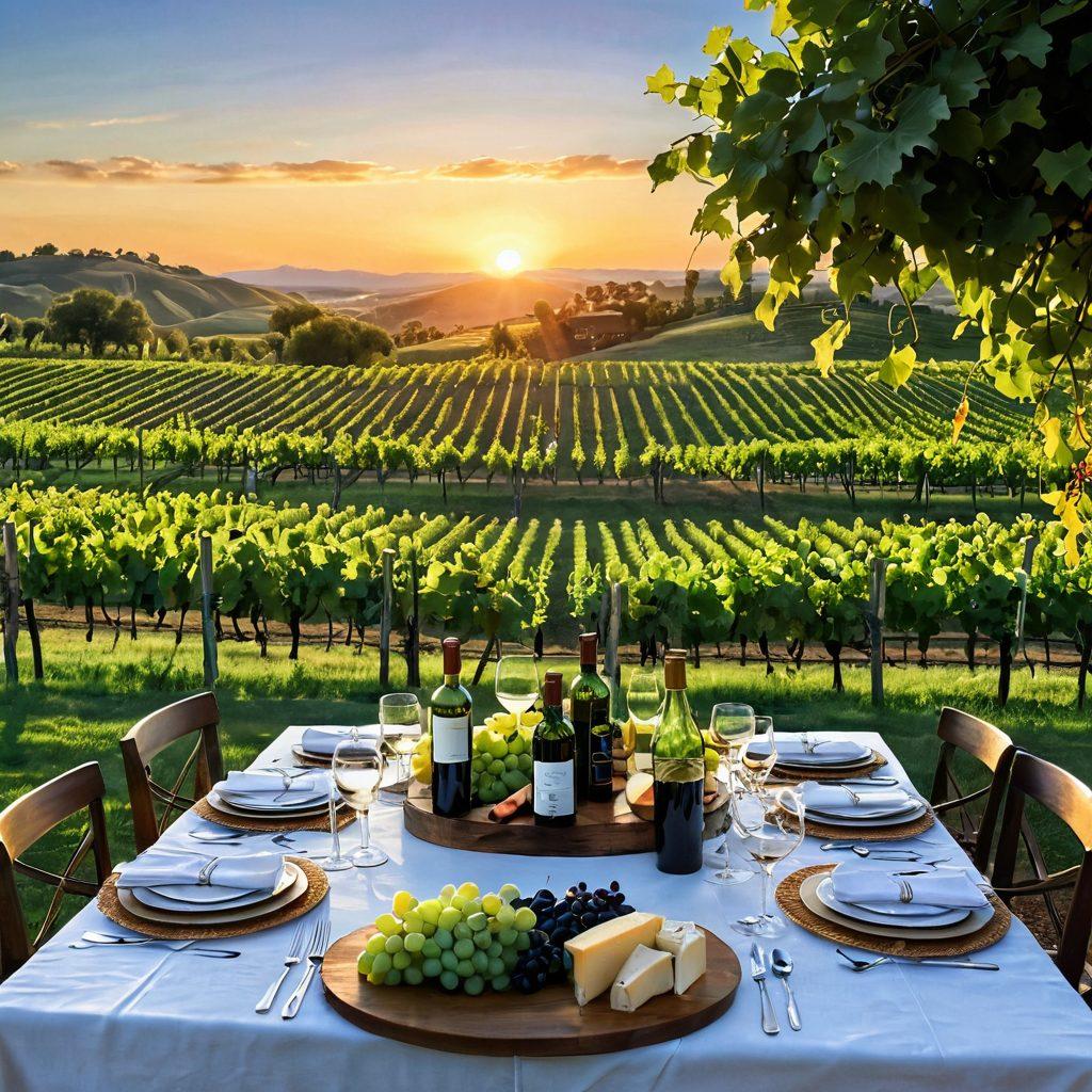 A picturesque vineyard landscape with lush green grapevines under a clear blue sky, transitioning to a beautifully set dining table adorned with an array of various wine bottles, elegant glasses filled with wine, and gourmet cheese platters. Include a soft sunset glow to evoke warmth and enjoyment. super-realistic. vibrant colors. warm tones.