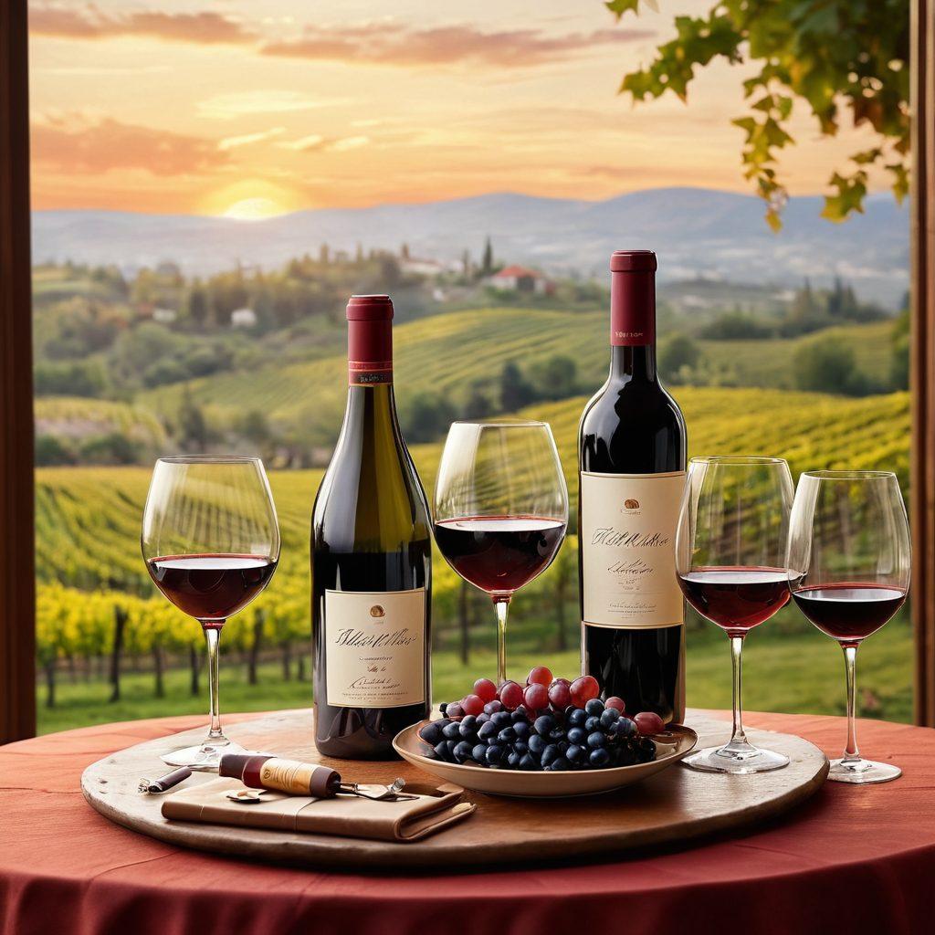 A luxurious wine tasting scene featuring an elegant table set with various wine bottles, beautifully arranged glassware, and delicate wine accessories. Include a backdrop of lush vineyards and a setting sun for a warm touch, while showcasing a stylish person elegantly swirling a glass of red wine. Integrate elements like gift-wrapped wine bottles as a nod to gifting. super-realistic. vibrant colors. warm tones.